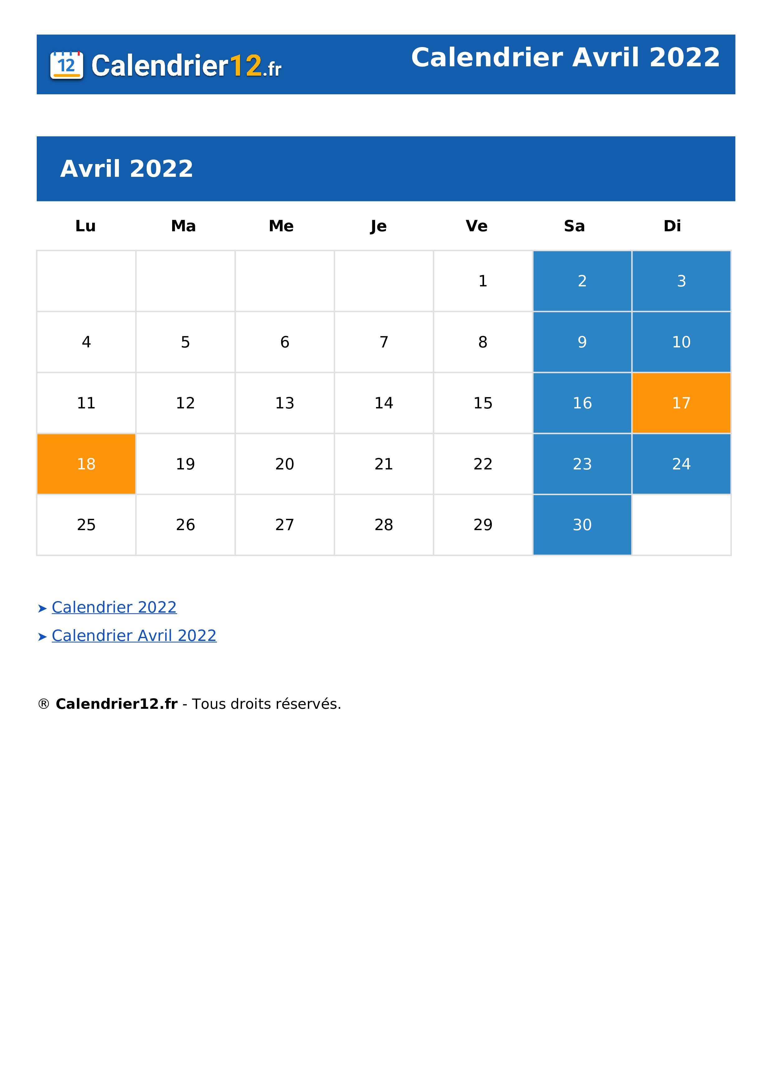 Calendrier Avril 2022