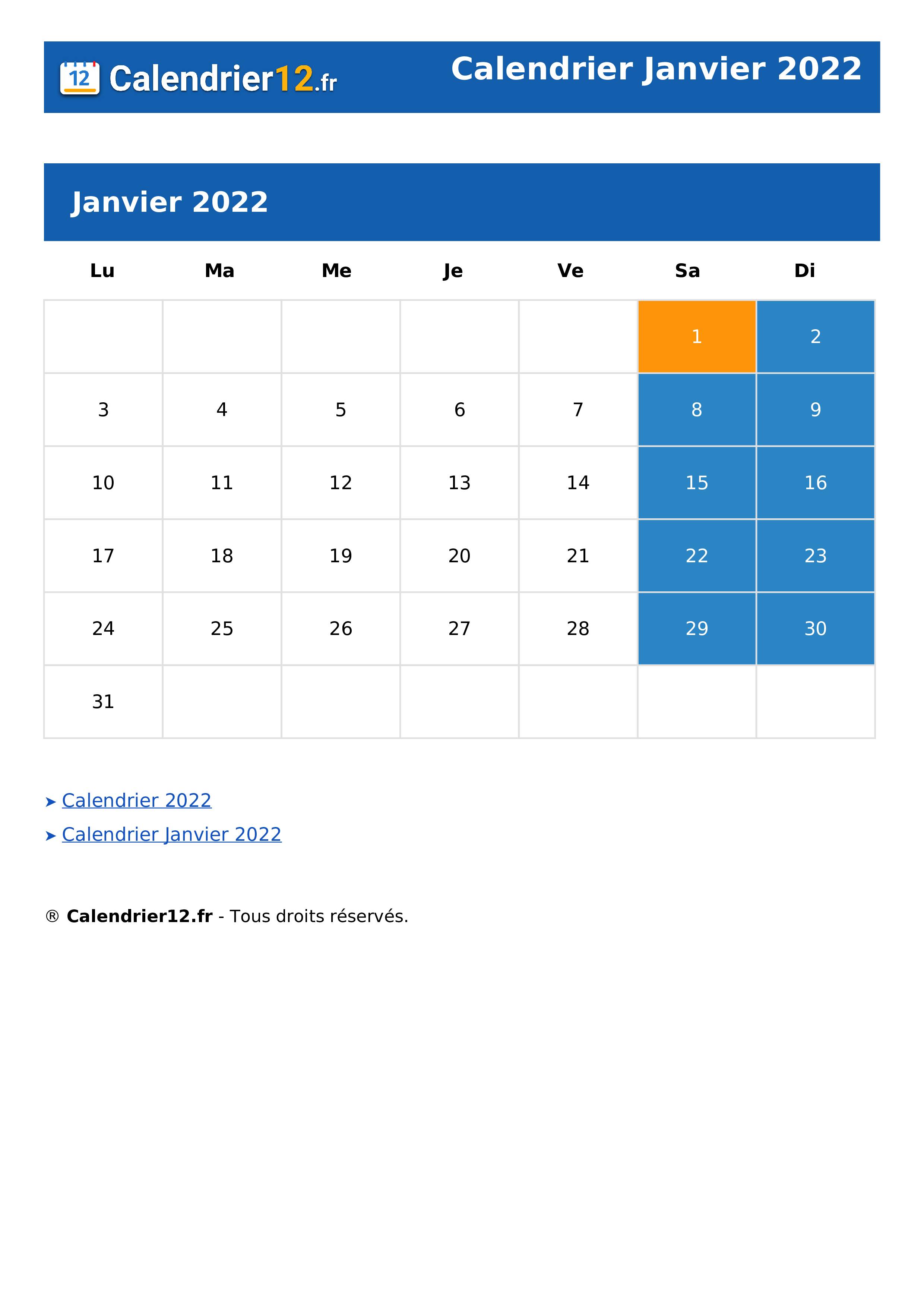 Calendrier Janvier 2022