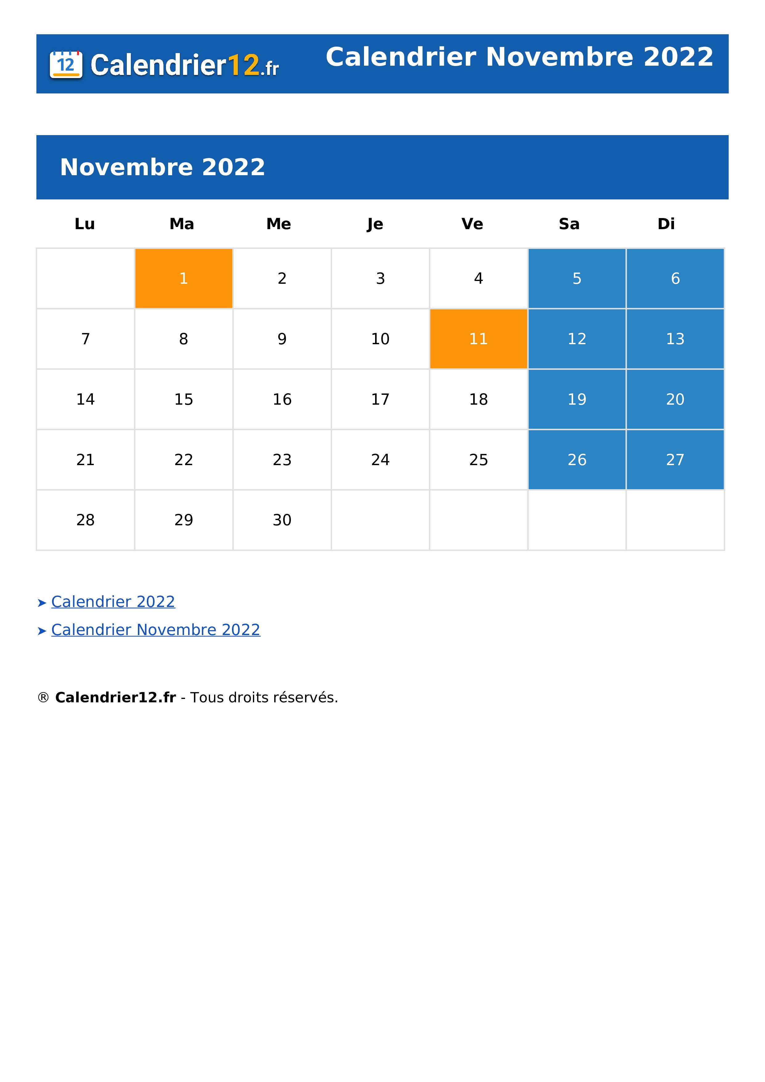 Calendrier Novembre 2022