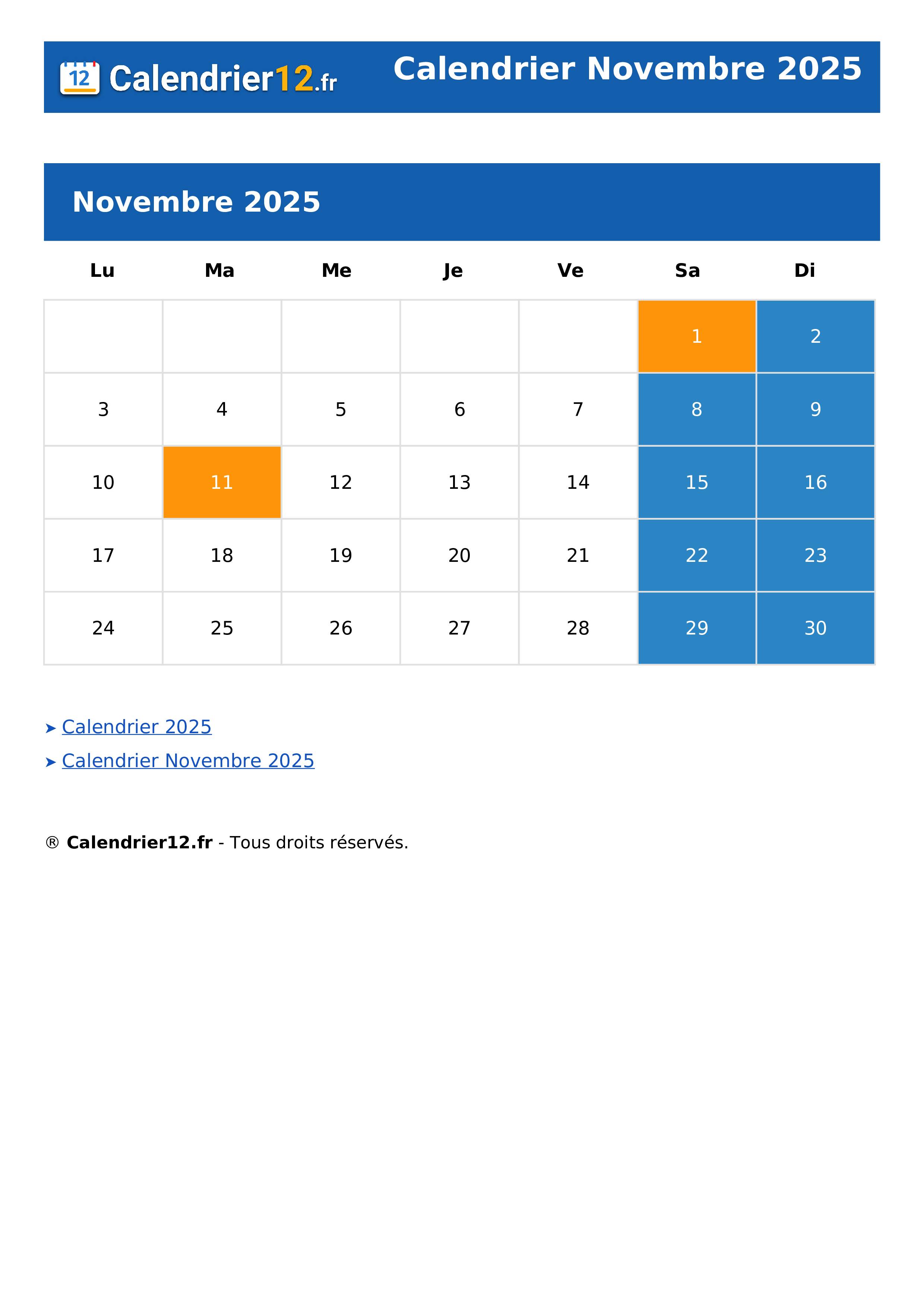 Calendrier Novembre 2025