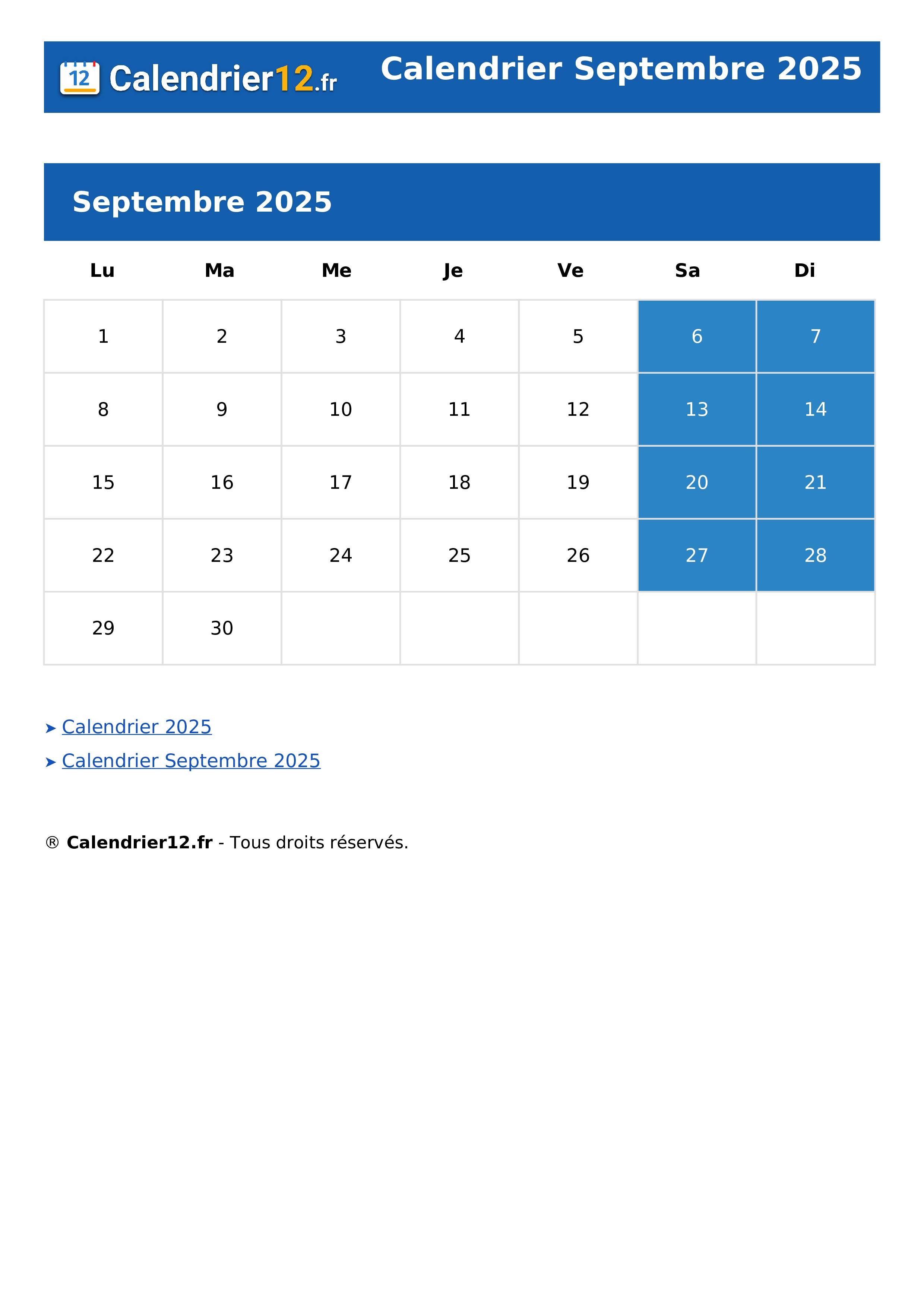 Calendrier Septembre 2025